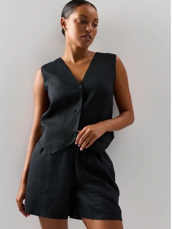 Quince European Sleeveless V-Neck Button Front Black Linen Vest - Picture 6 of 8